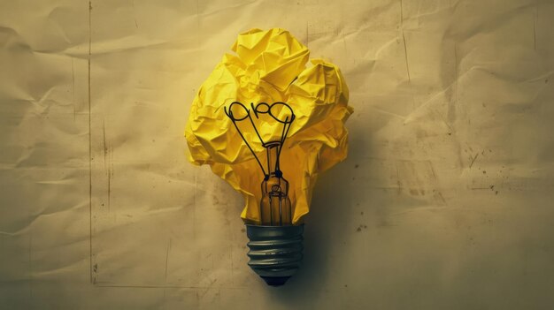 Photo a crumpled piece of yellow paper forms the shape of a lightbulb against a white background symbolizing a bright idea or creative concept