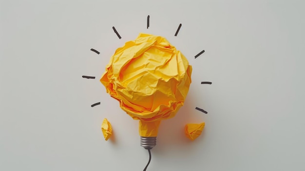 A crumpled piece of yellow paper forms the shape of a lightbulb against a white background symbolizing a bright idea or creative concept