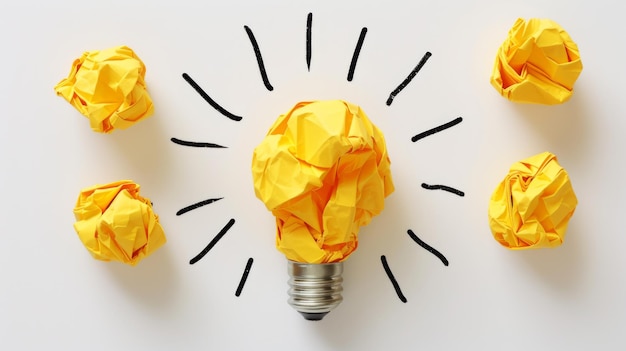 A crumpled piece of yellow paper forms the shape of a lightbulb against a white background symbolizing a bright idea or creative concept