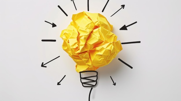 A crumpled piece of yellow paper forms the shape of a lightbulb against a white background symbolizing a bright idea or creative concept