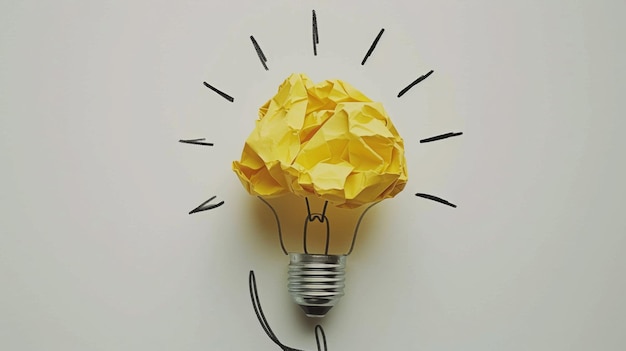 A crumpled piece of yellow paper forms the shape of a lightbulb against a white background symbolizing a bright idea or creative concept