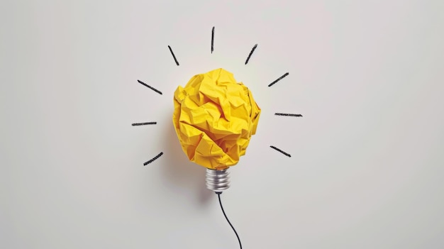 A crumpled piece of yellow paper forms the shape of a lightbulb against a white background symbolizing a bright idea or creative concept