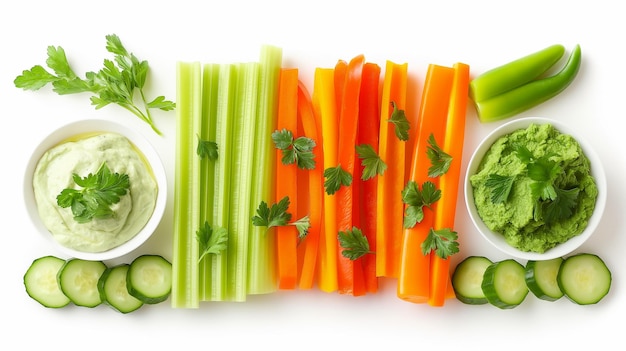 Photo crunchy celery vibrant peppers and creamy dips arranged beautifully for a refreshing healthy snack p