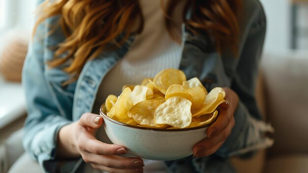 Photo crunchy delight woman shows bowl of potato chips