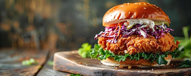 Crunchy fried chicken sandwich with coleslaw appetizingly displayed Concept Food Styling Fried Chicken Sandwich Coleslaw Appetizing Display