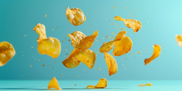 Photo crunchy potato chips captured in midair with a vibrant blue background portraying motion and snack time indulgence