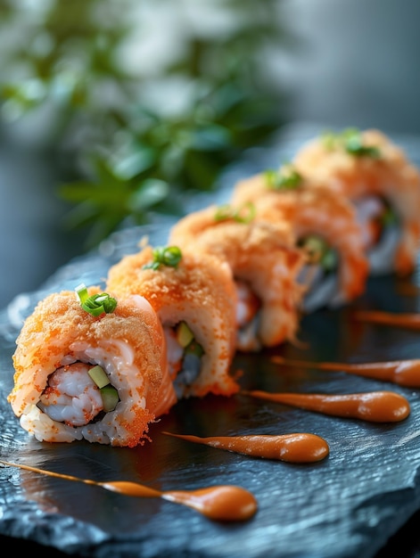 Crunchy Roll shrimp sushi dark background detailed tempura flakes