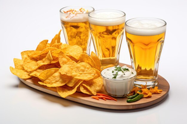 Crunchy snacks with beer nachos pistachios chips on glass plates with light ale white background