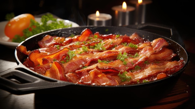 Crunchy streaky bacon fried in a cast iron skillet