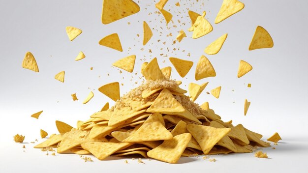 Photo crunchy tortilla chip crumbs yellow pieces in motion on a white background