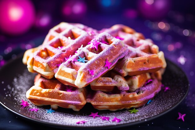 Crunchy vanilla waffles decorated with sprinkles on dark plate