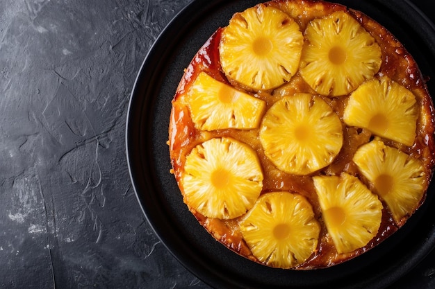 Photo crushed pineapple upside down cake flat lay