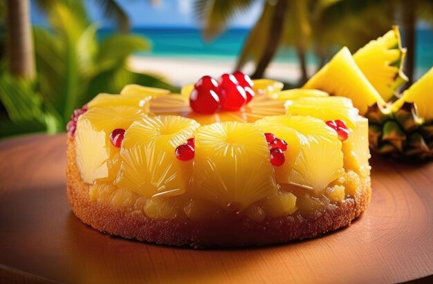 Crushed pineapple upside down cake in Hawaiian restaurant palm trees sea Tropical holiday breakfast