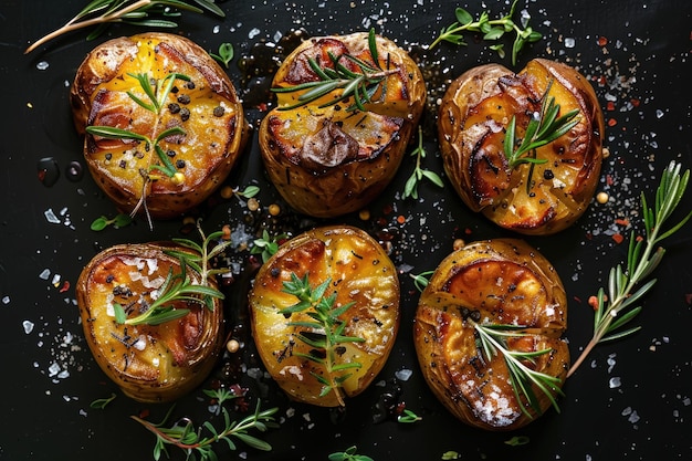 Crushed smashed potatoes baked with rosemary and thyme Black background Top view