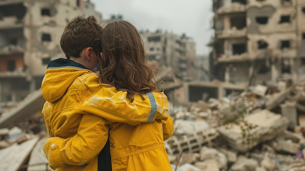 Crying children in yellow and brown jackets stand with their backs to the destroyed city