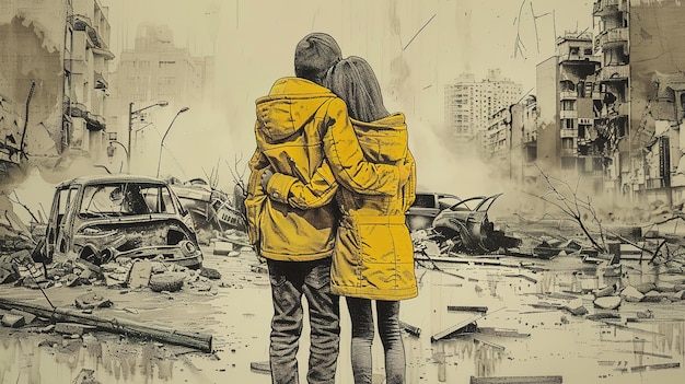 Crying children in yellow and brown jackets stand with their backs to the destroyed city