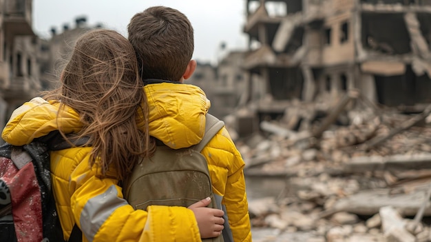 Crying children in yellow and brown jackets stand with their backs to the destroyed city