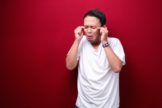 Crying face of Young Asian man with hand gesture Advertising model concept