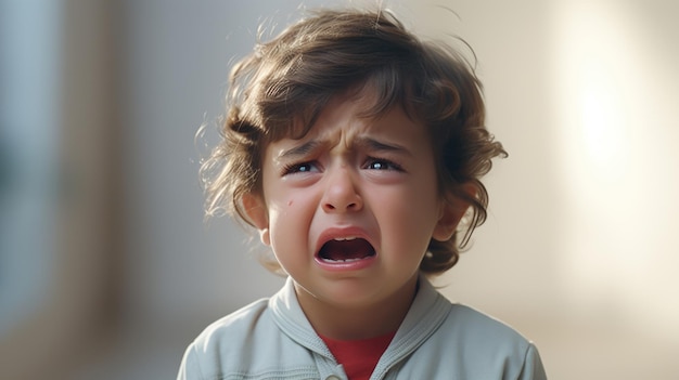 A crying little child in despair on grayscale backdrop