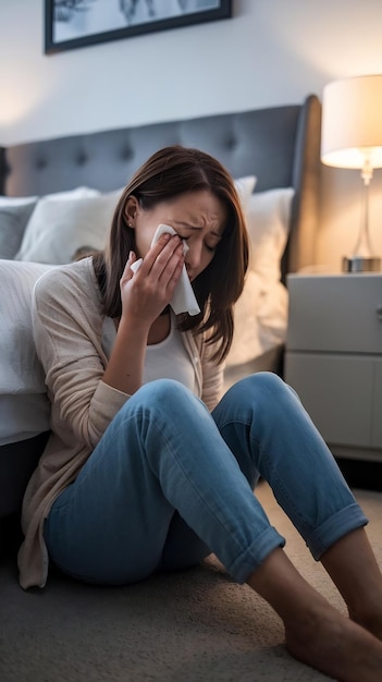 Crying sad and depressed woman on bedroom floor using wipe for tears struggling with mental health