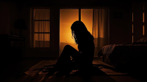 Crying woman sitting on a bed in a bedroom