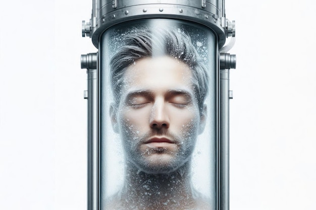 cryosleep concept A man body is frozen in a capsule Isolated on white background