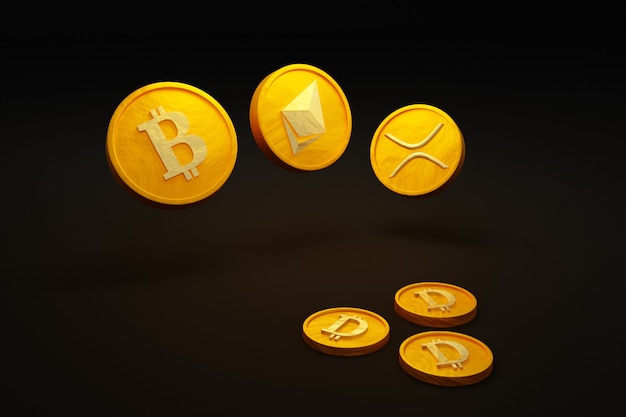 Crypto currency  golden coin with dollar money coin on the ground 3d illustration