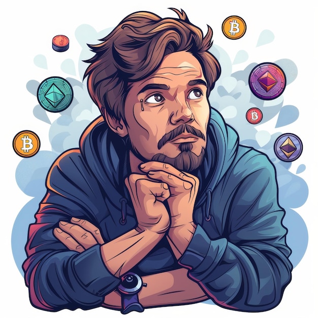 Crypto Enthusiast Illustration with Bitcoin Ethereum and Digital Currency Icons