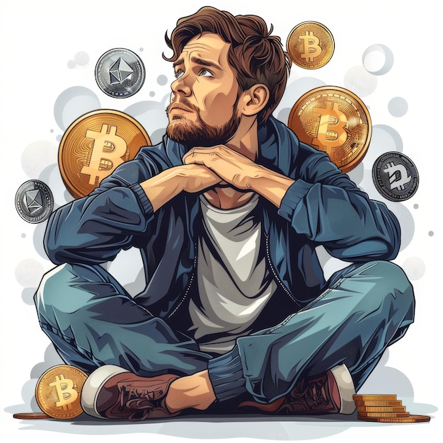 Crypto Enthusiast Illustration with Bitcoin Ethereum and Digital Currency Icons