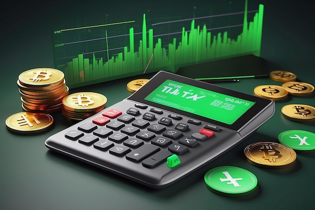 Photo crypto tax calculator 3d rendering with cryptocurrency coins stock market graph and tax display