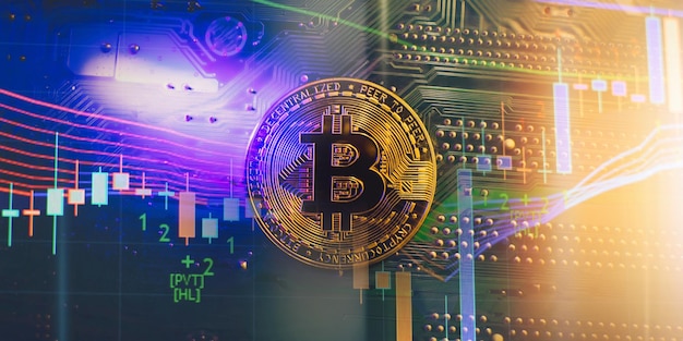 Cryptocurrency concept Golden bitcoin on mainboard The future of money Computational equipment