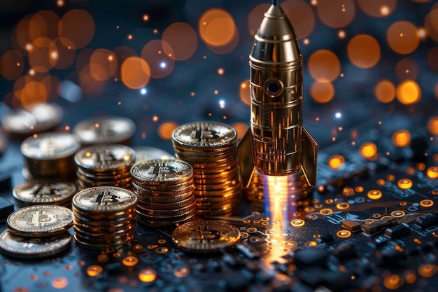 Cryptocurrency concept with a rocket and stacks of coins symbolizing financial growth blockchain tec