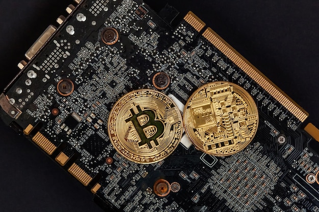 Cryptocurrency golden bitcoin coin lying on video card Electronic virtual money for web banking and international network payment Symbol of crypto virtual currency Mining concept