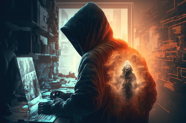 Cryptocurrency hacking bitcoin trading and finance concept double exposure hacker in hoodie operating laptop with several forex screens on fuzzy office interior wallpaper