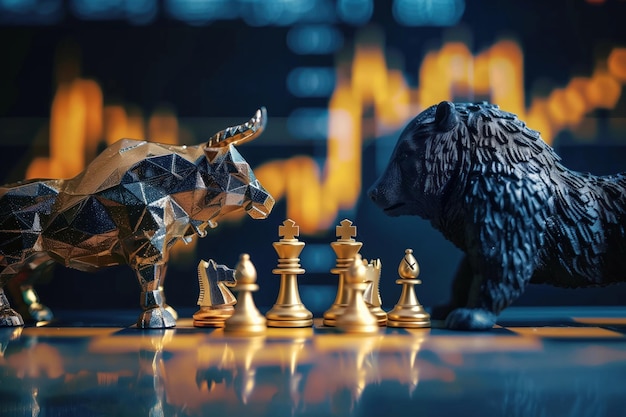 Cryptocurrency market trends with a bull and a bear chess game strategizing moves symbolizing market predictions