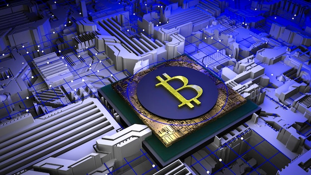 Cryptocurrency and mining concept 3d Sign of bitcoin on the cpu processor of a computer in neon light Cryptoeconomics virtual money earnings business idea High quality 3d illustration