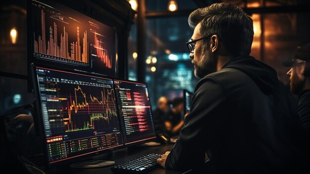 Cryptocurrency traders discussing trading charts research reports growth and notion of financial hazards while observing the monitor