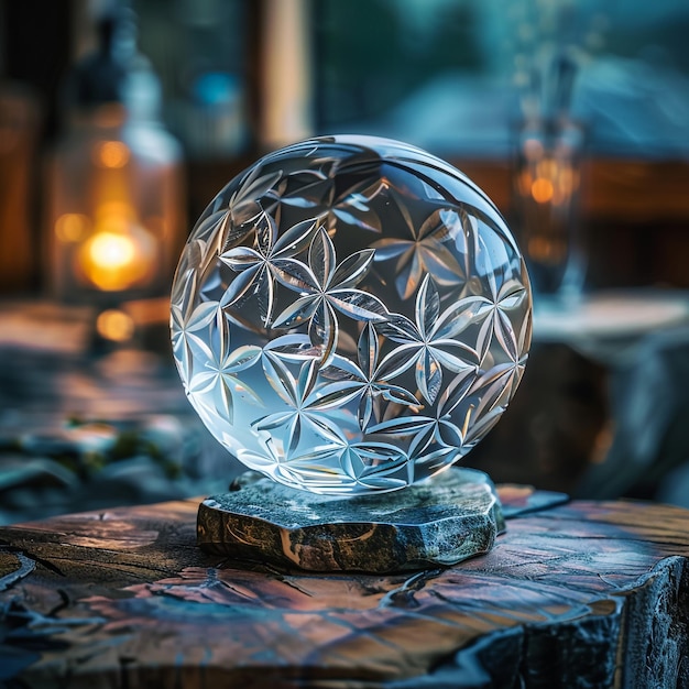 Photo crystal ball decoration with patterns glowing red on top of red beads on a wooden counter