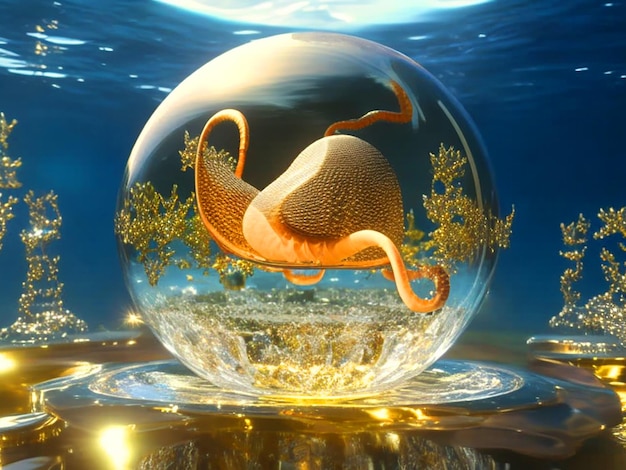 a crystal ball is located in the center filled full with water Inside is an goldgiant octopus swi