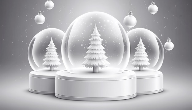 Crystal ball, snowball with snowy Christmas tree, spruce inside, falling snow, realistic holiday decoration, illustration. Generative AI