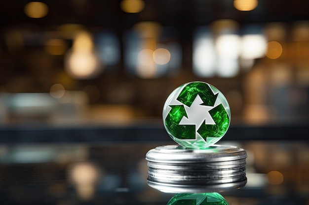 Crystal ball with green recycling symbol on top of a stack of coins A recycling sign with a green button that zero waste reuse concept AI Generated