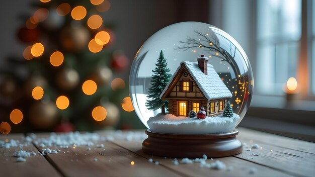 Photo crystal ball with a house inside against the background of a christmas tree