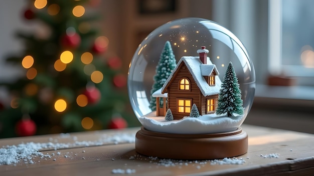 Photo crystal ball with a house inside against the background of a christmas tree