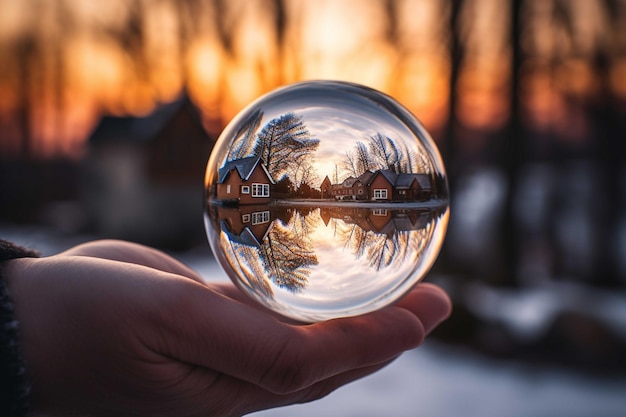 Crystal ball with reflection of houses in the lake at sunset in winter