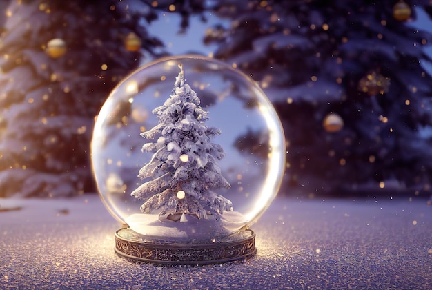 Crystal ball with a snowy Christmas tree fir tree inside falling snow realistic holiday decoration