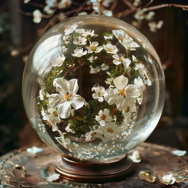 Photo crystal ball with white flowers on a dark background glass ball with white flowers