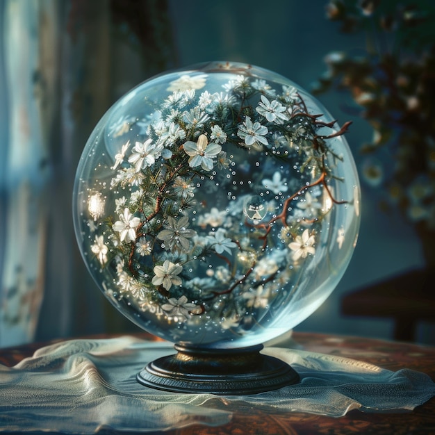 Photo crystal ball with white flowers on a wooden table in a dark room