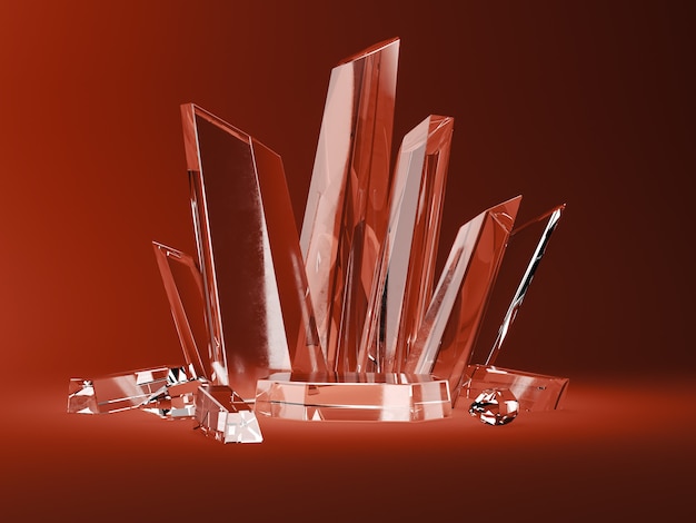 The crystal base and the crystal sticks in the red scene. abstract background for accessories or jewelry. 3d rendering