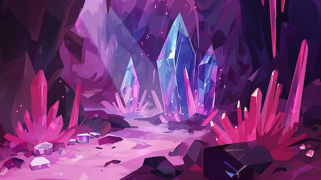 Photo crystal cave fantasy landscape with pink and blue gems