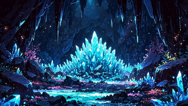 Crystal cavern filled with glowing crystals 2d style